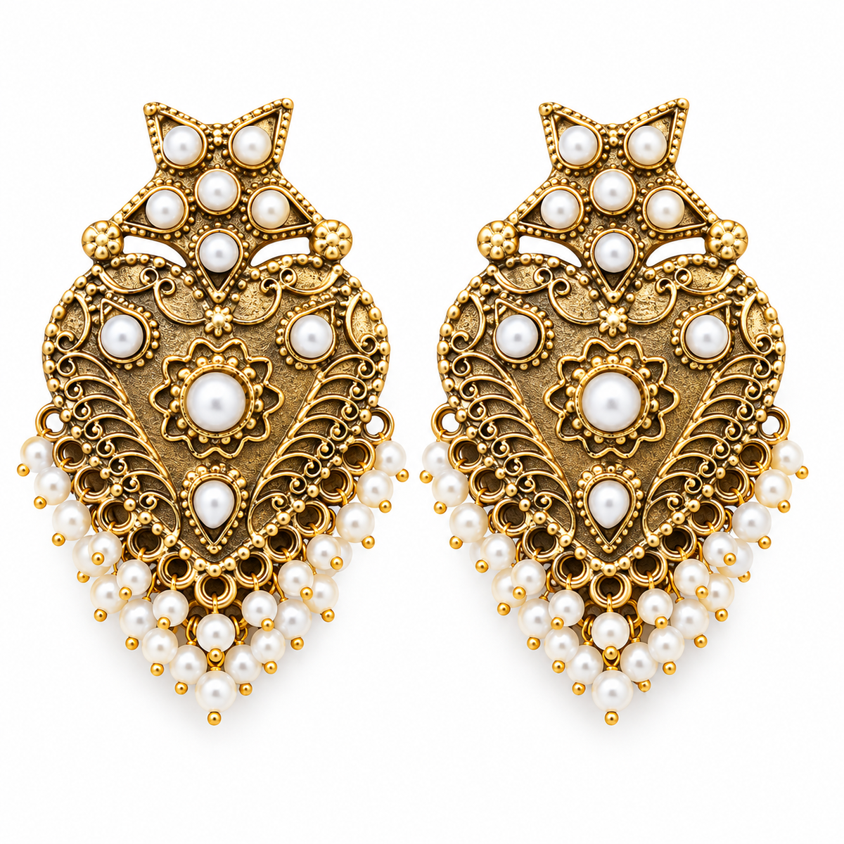 Antique gold chandelier statement earrings with pearl accents