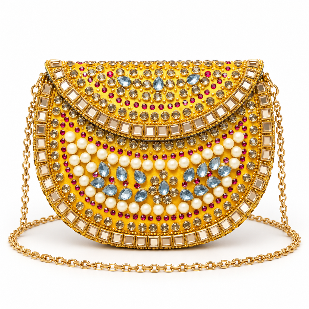 Golden Kundan-Style Pearl & Crystal Half-Moon Clutch