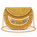 Golden Kundan-Style Pearl & Crystal Half-Moon Clutch
