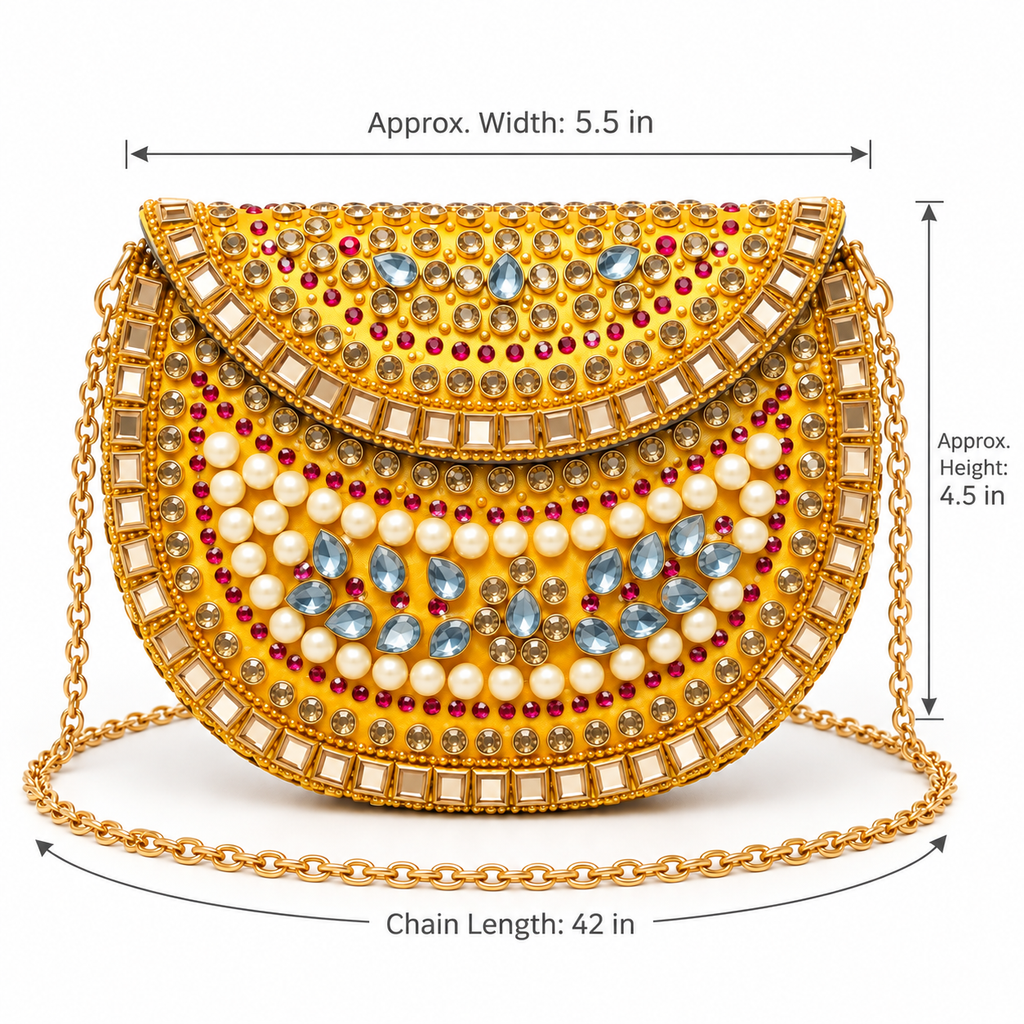 Golden Kundan-Style Pearl & Crystal Half-Moon Clutch