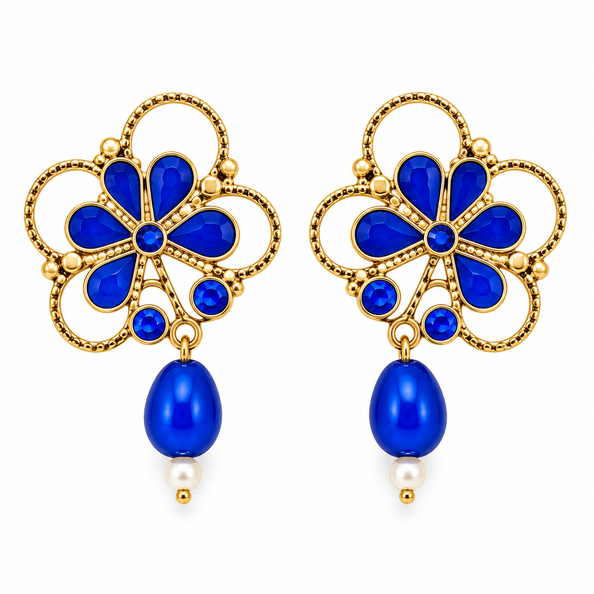 Royal blue floral drop statement earrings