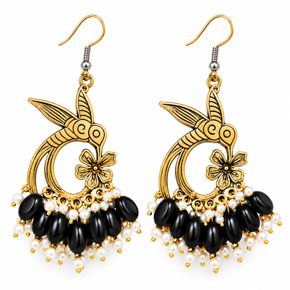 Antique gold bird-shaped drop earrings with black bead accents