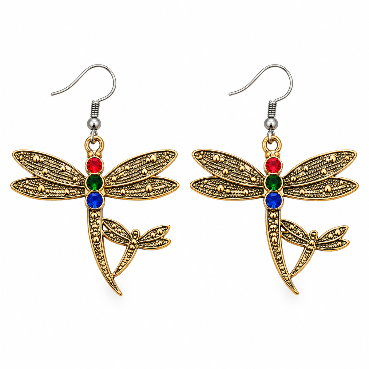 Antique gold dragonfly earrings with multicolour accents
