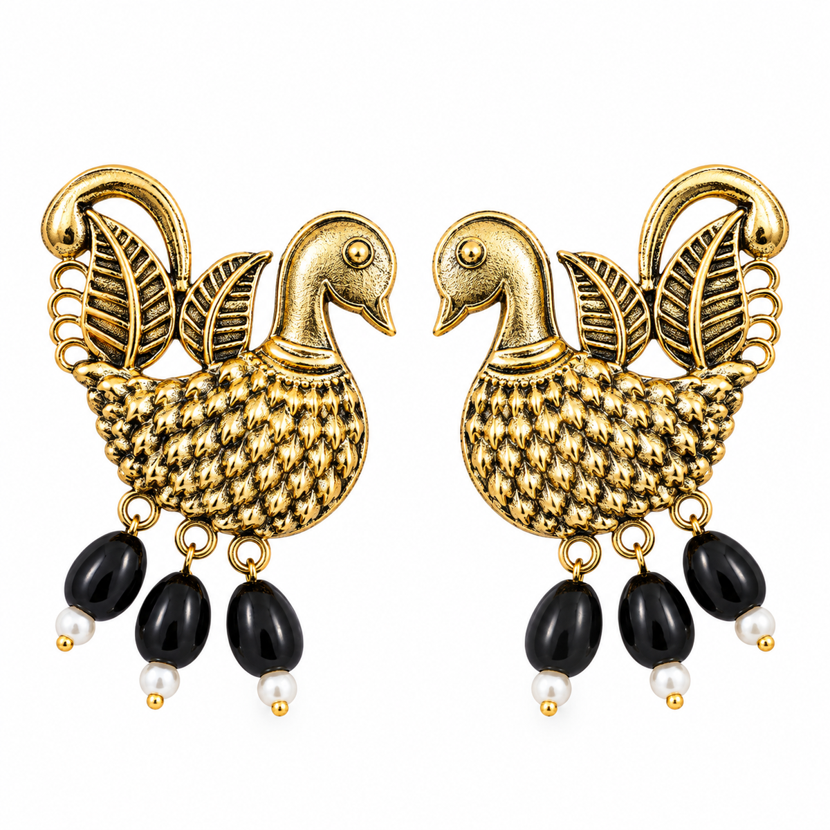 Antique gold swan-shaped statement earrings with black bead accents