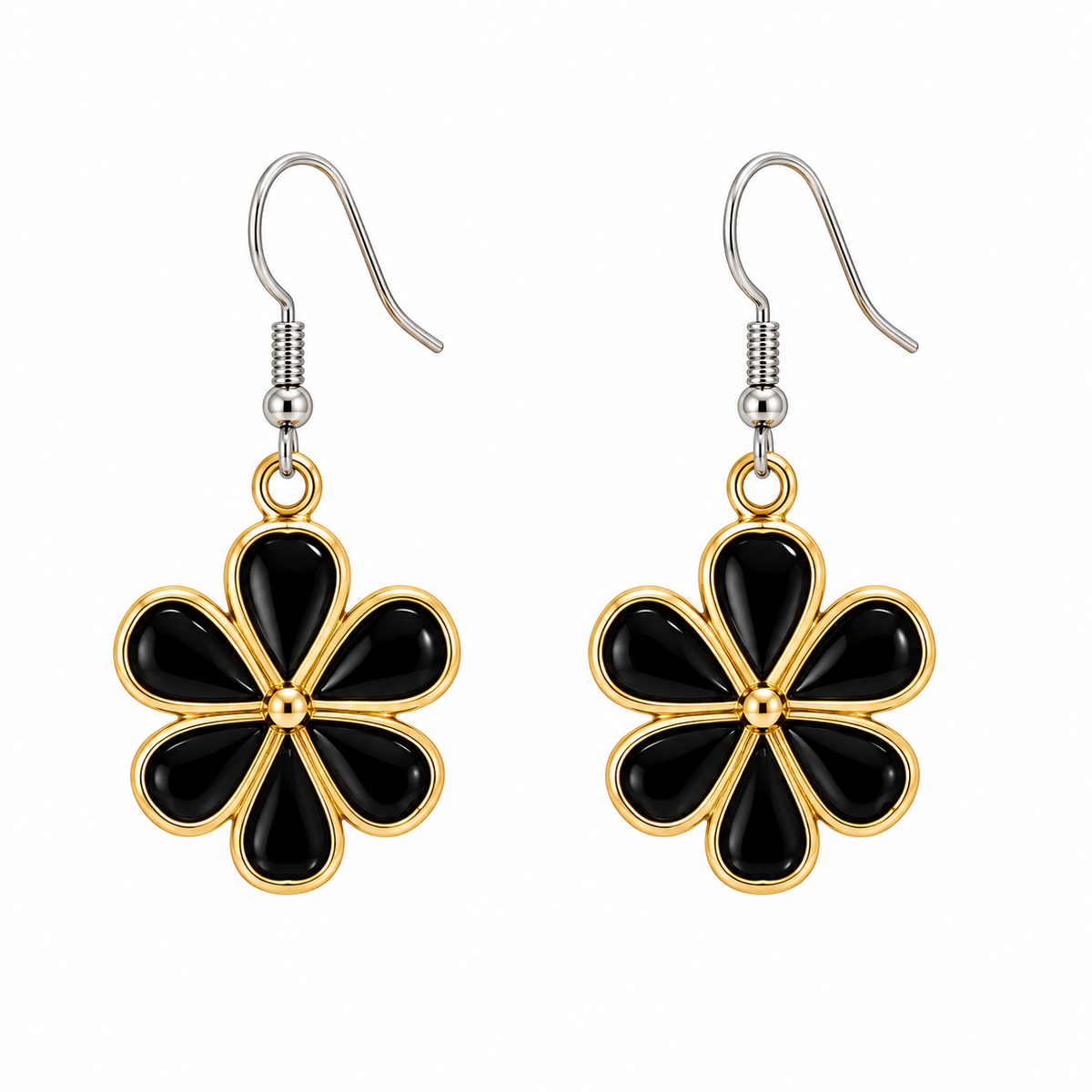 Black flower gold-tone drop earrings