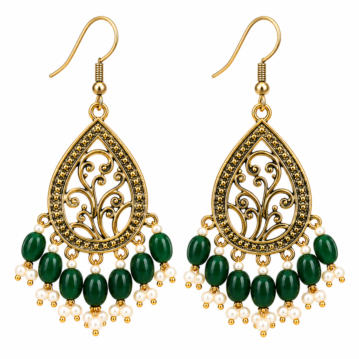 Green bead pearl-style teardrop earrings