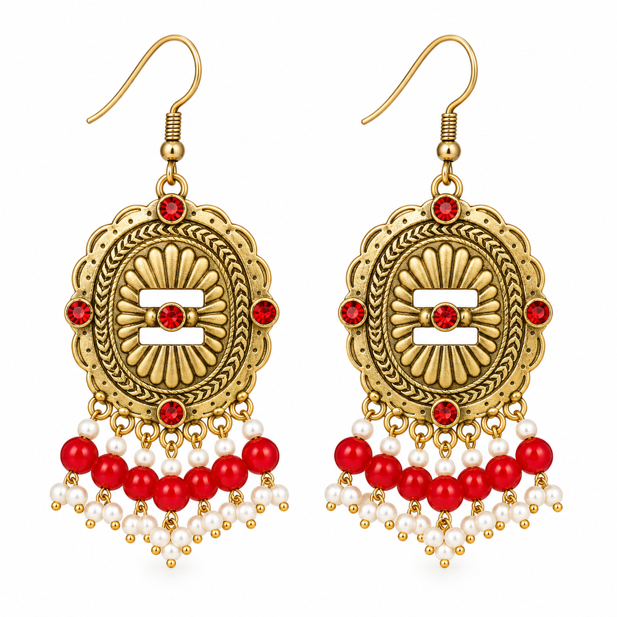 Red bead antique gold medallion earrings
