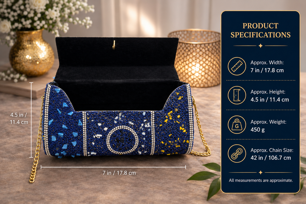Hand-Embellished Blue Mosaic Clutch with Gold Chain