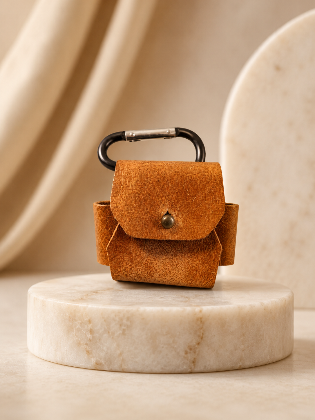 Genuine Leather AirPods Case with Carabiner Clip – Handmade Brown Protective Cover