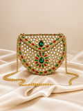 Hand-Embellished Gold-Tone Mini Clutch with Emerald Green Stones