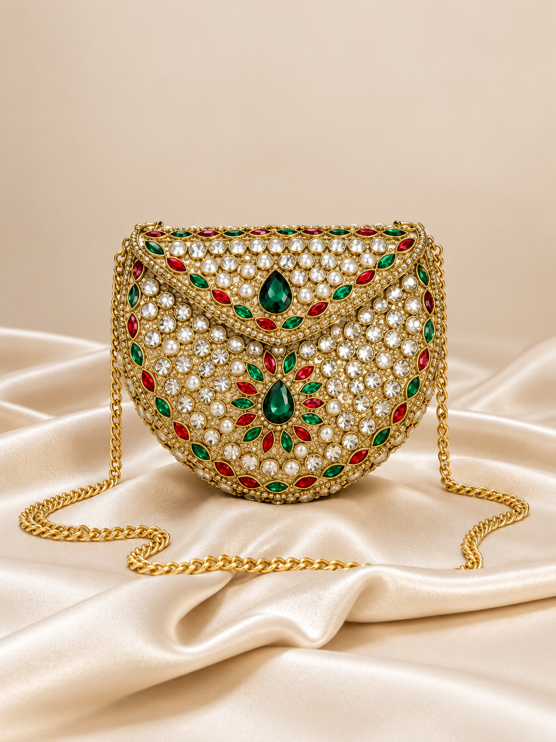 Hand-Embellished Gold-Tone Mini Clutch with Emerald Green Stones