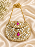 Hand-Embellished Gold-Tone Mini Clutch with Pink Crystals