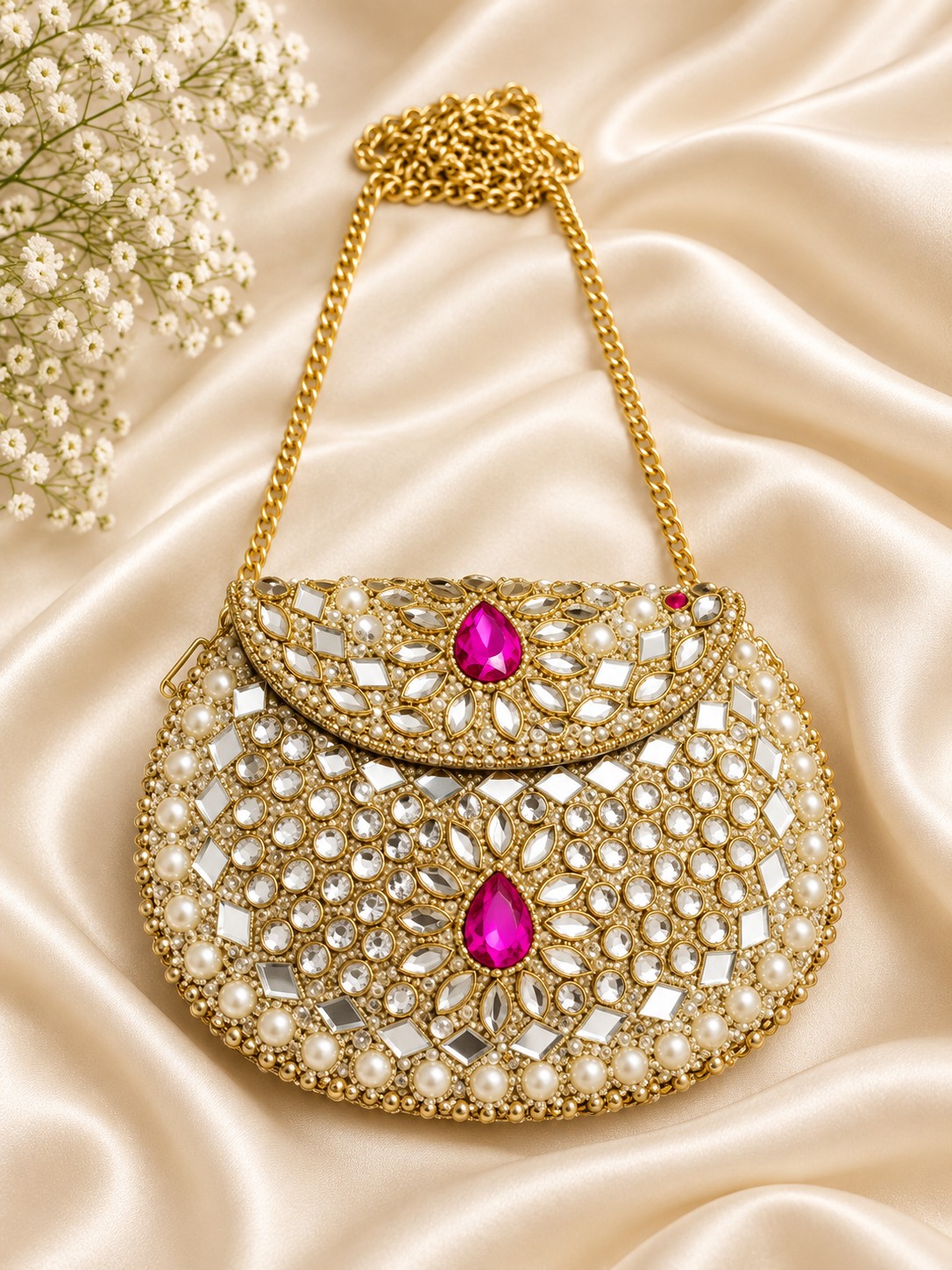 Hand-Embellished Gold-Tone Mini Clutch with Pink Crystals