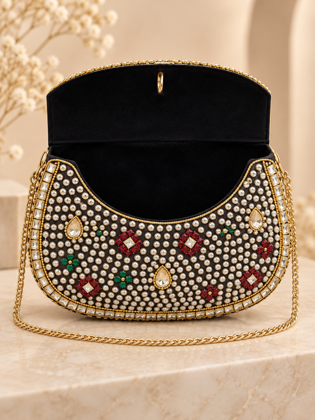Kundan Pearl & Crystal Embellished Clutch – Indian Beaded Evening Bag