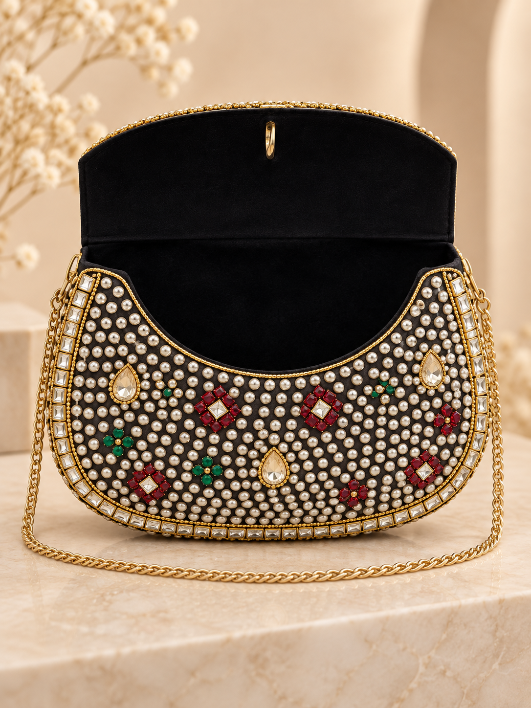 Kundan Pearl & Crystal Embellished Clutch – Indian Beaded Evening Bag