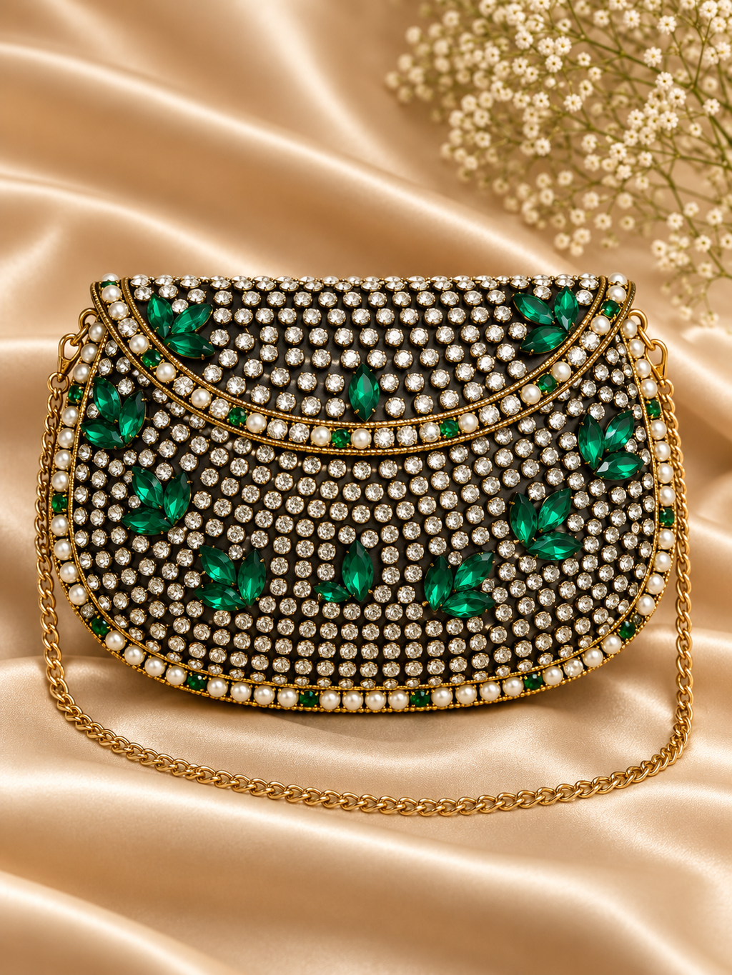 Emerald Green Crystal & Pearl Indian Evening Clutch Bag