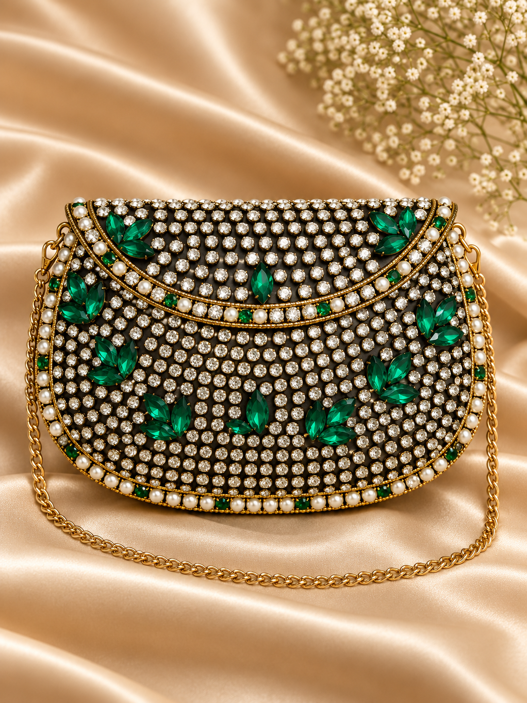 Emerald Green Crystal & Pearl Indian Evening Clutch Bag