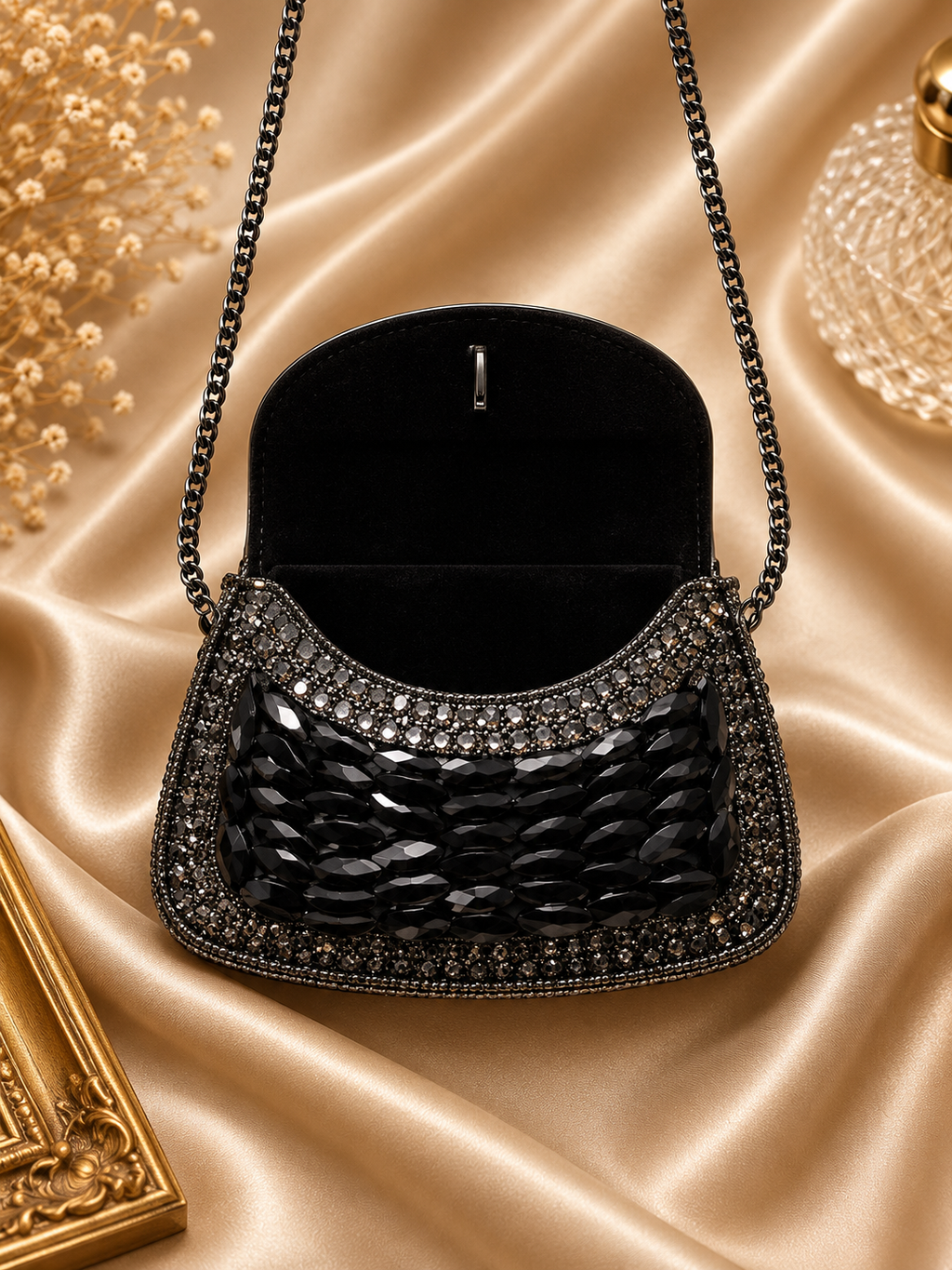 Black Beaded Crystal Clutch Indian Evening Bag