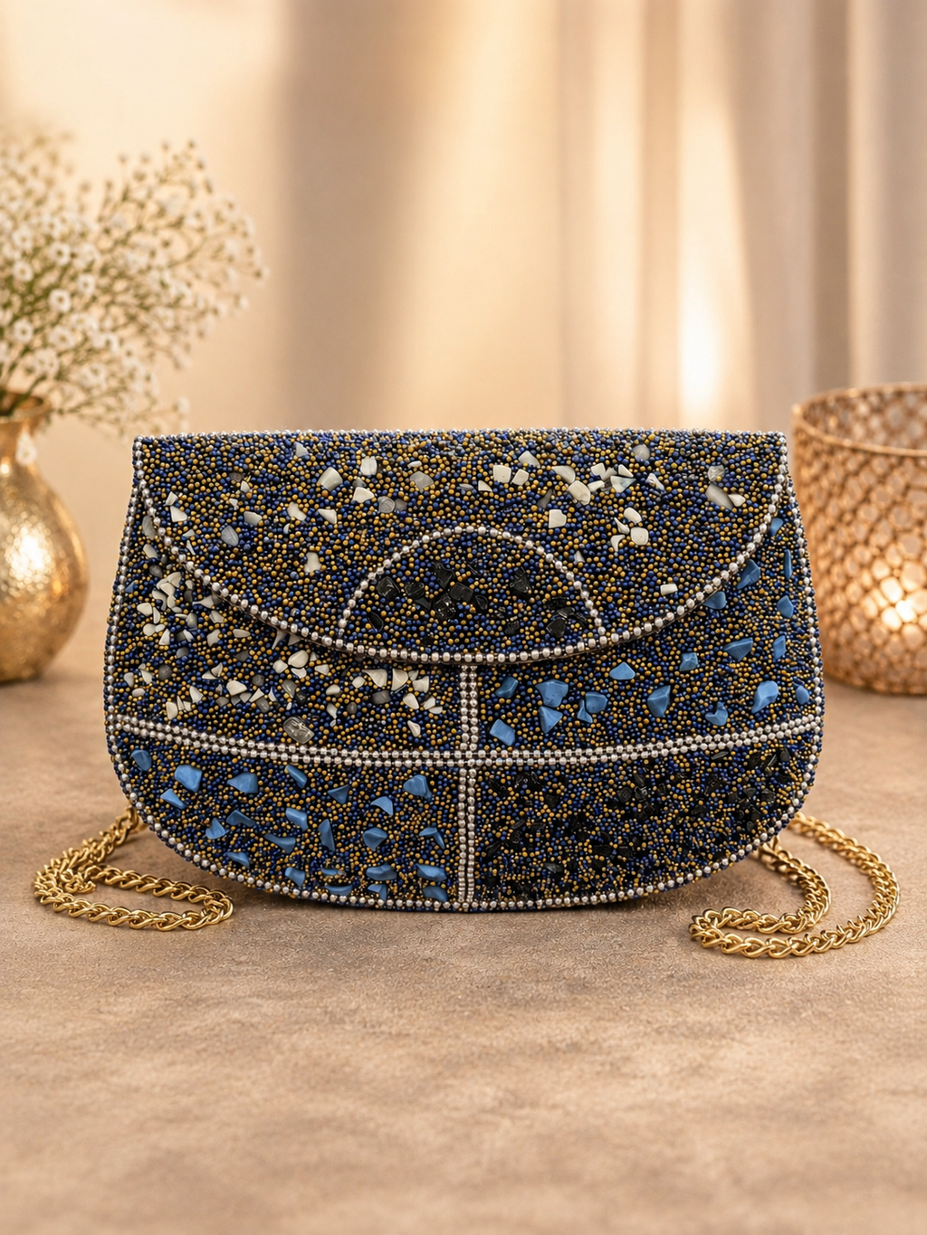 Handcrafted Beaded Evening Clutch | Navy & Gold Stone Embellished Bag with Chain Strap