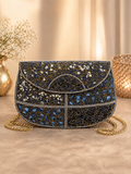 Handcrafted Beaded Evening Clutch | Navy & Gold Stone Embellished Bag with Chain Strap