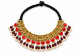 Antique gold-tone bib necklace with red enamel crescent charms, burgundy beads and pearl fringe, black braided cord tie - only 1 available