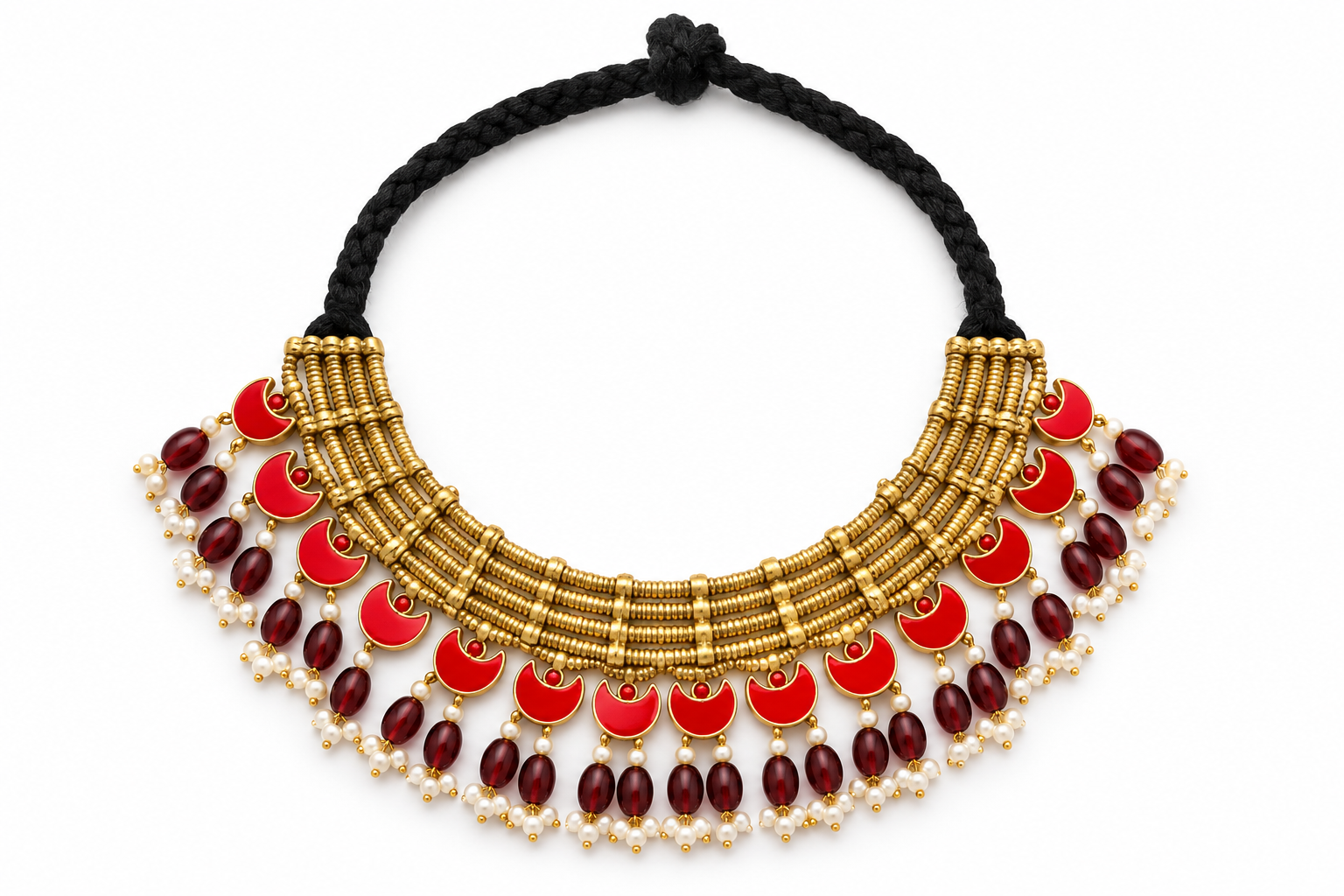 Antique gold-tone bib necklace with red enamel crescent charms, burgundy beads and pearl fringe, black braided cord tie - only 1 available