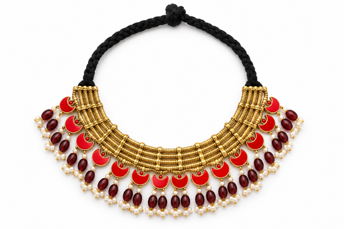 Antique gold-tone bib necklace with red enamel crescent charms, burgundy beads and pearl fringe, black braided cord tie - only 1 available