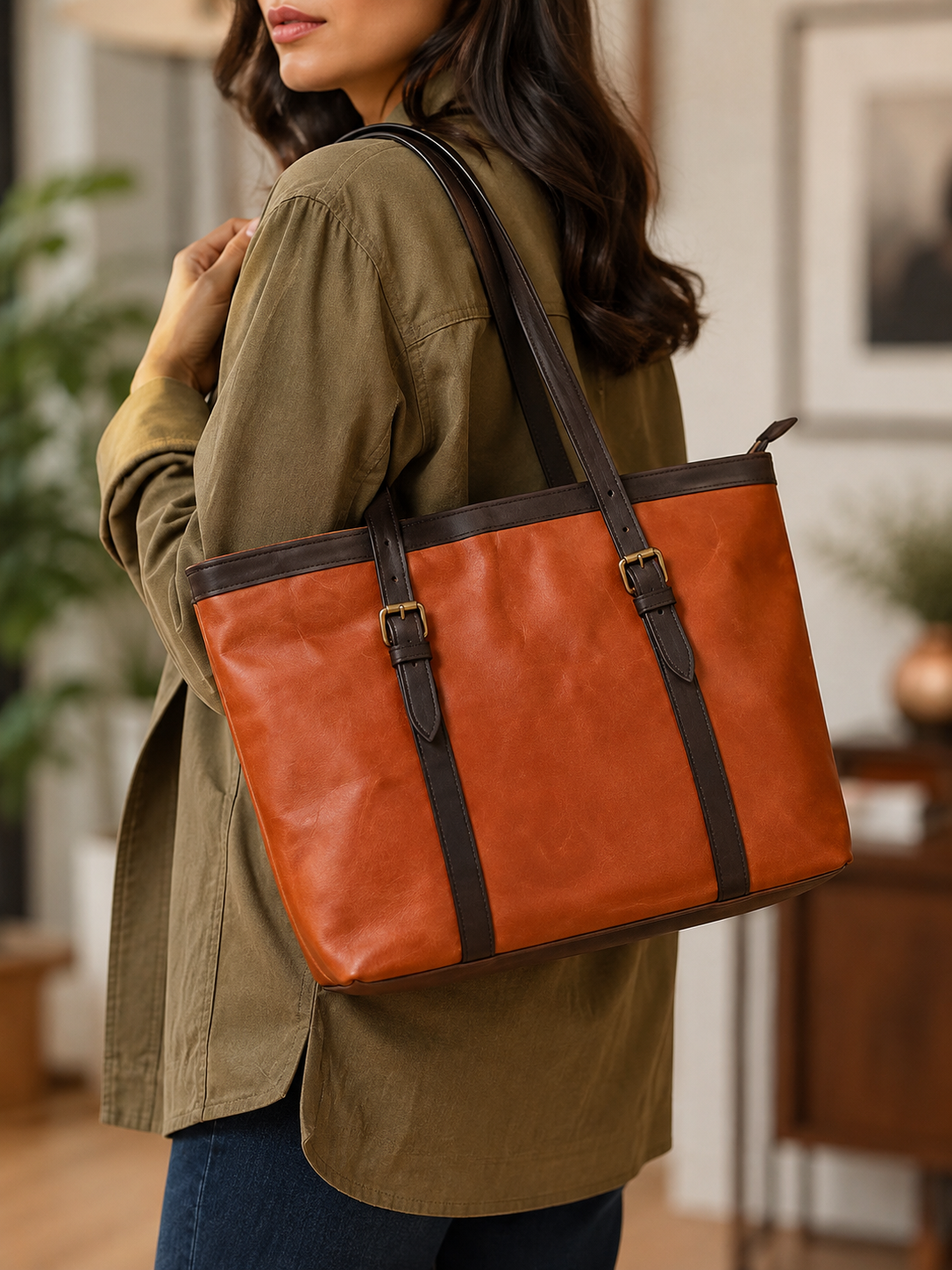 Genuine Leather Tote Bag | Rust Orange Handbag with Dark Brown Trim