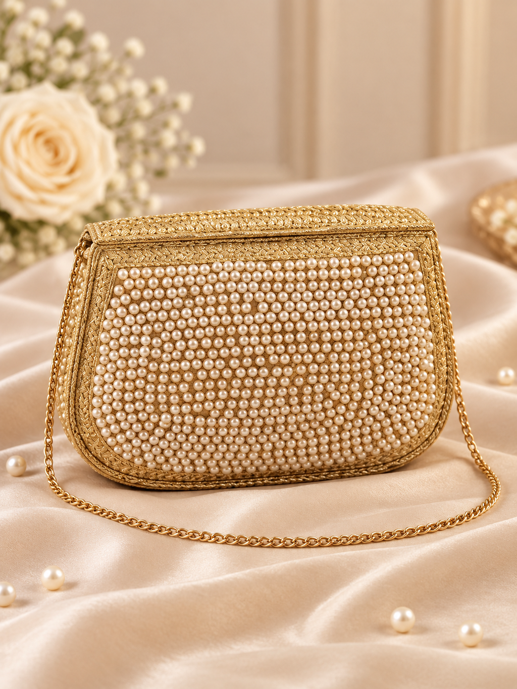 Gold Pearl Embellished Clutch Indian Evening Bag