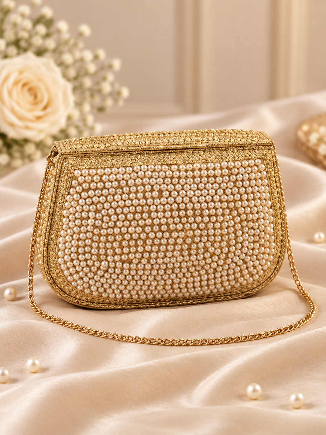 Gold Pearl Embellished Clutch Indian Evening Bag