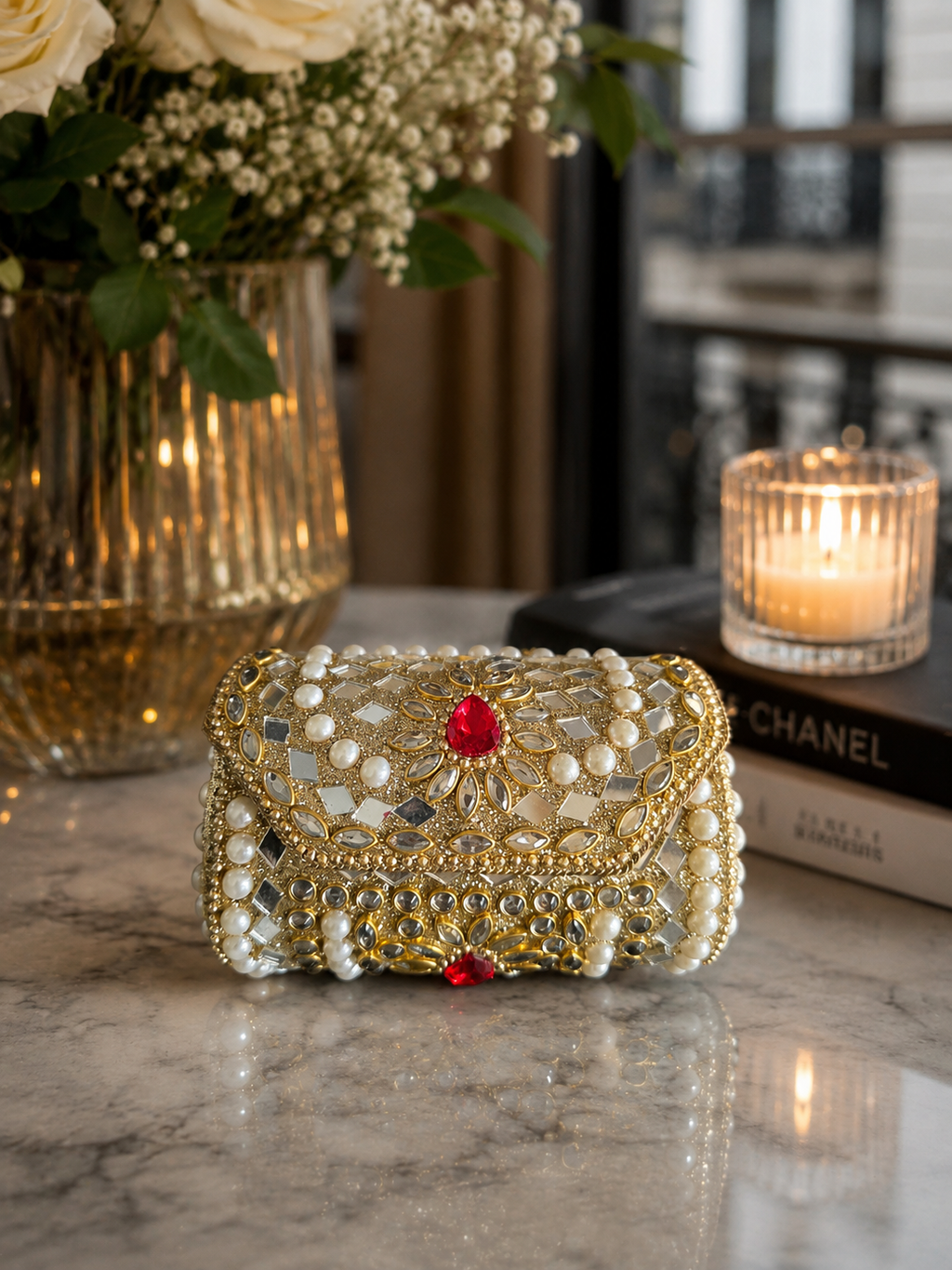 Gold Embellished Clutch Bag  Pearl & Mirror Style Evening Purse
