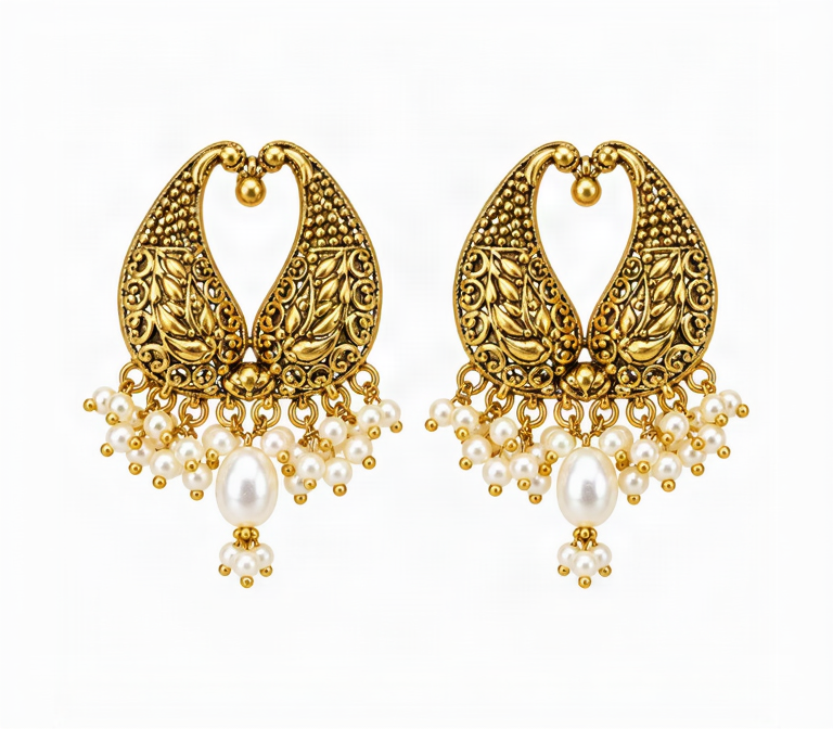 Antique gold paisley-shaped earrings with pearl drop accents