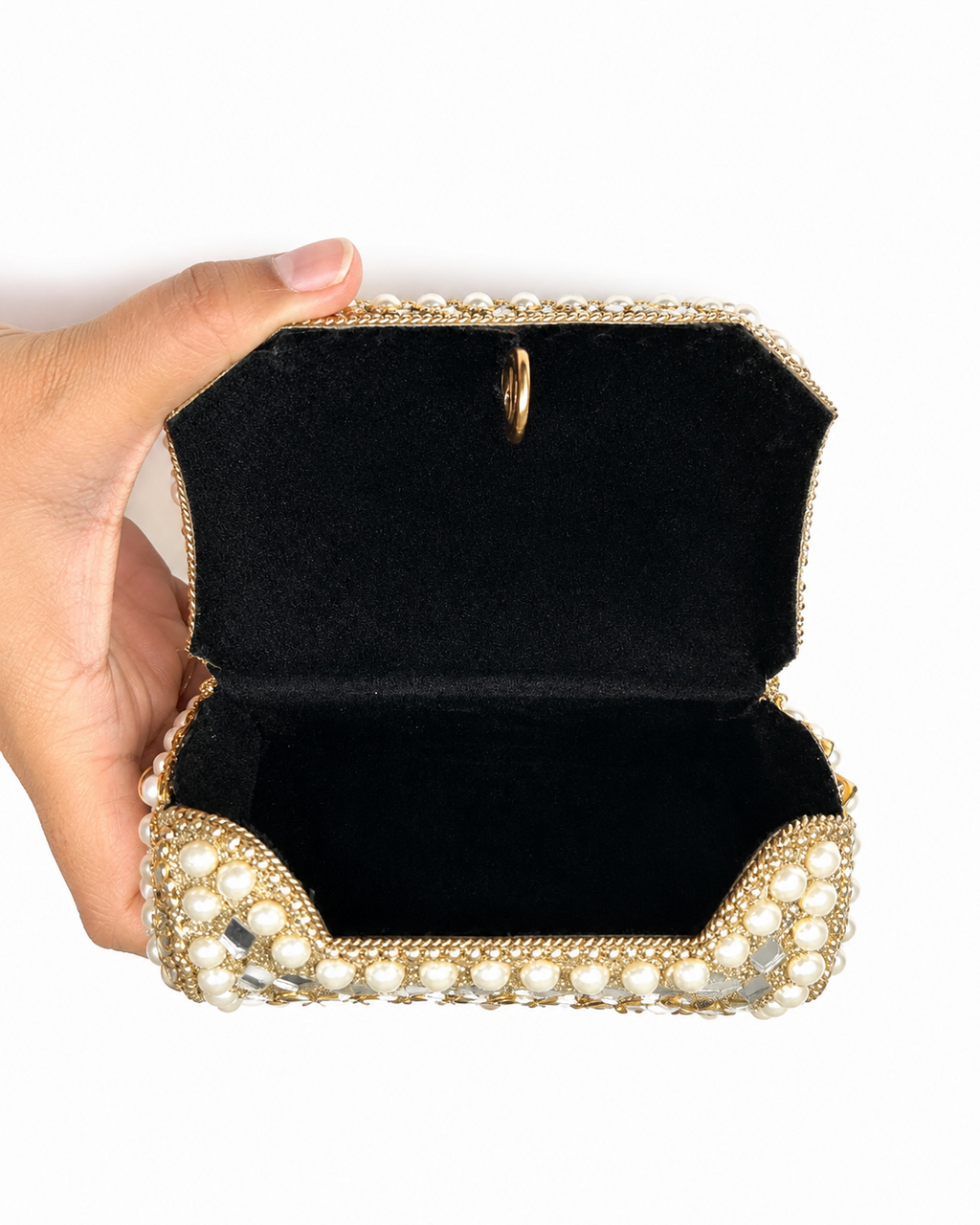 Gold Embellished Clutch Bag  Pearl & Mirror Style Evening Purse