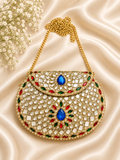 Hand-Embellished Gold-Tone Mini Clutch with Blue & Multicolour Crystals