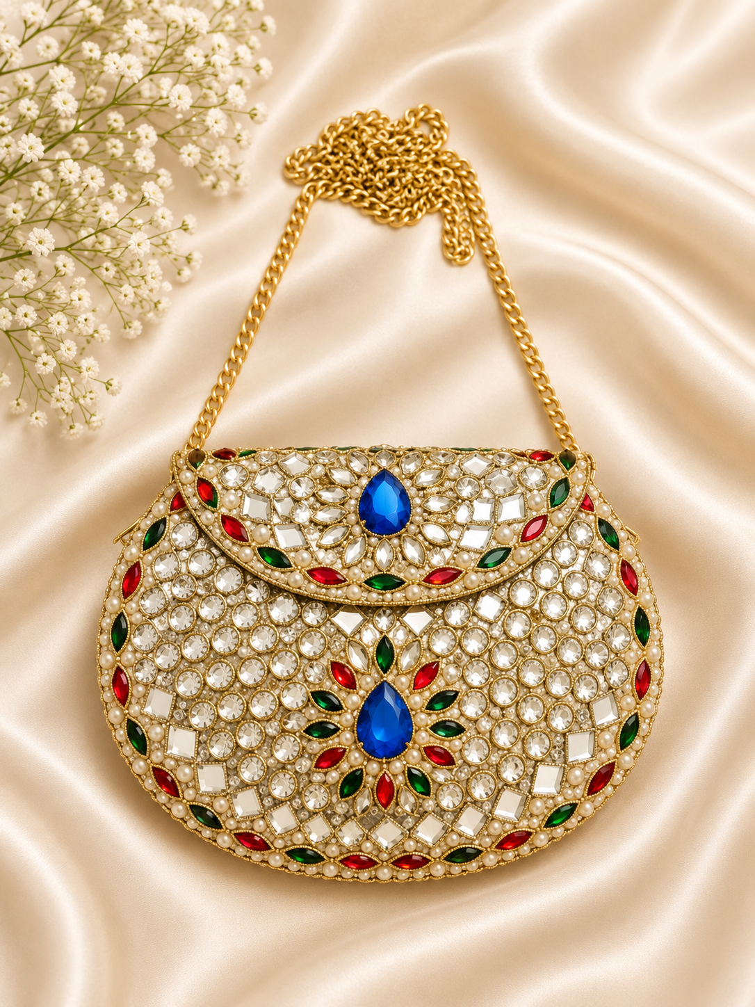 Hand-Embellished Gold-Tone Mini Clutch with Blue & Multicolour Crystals