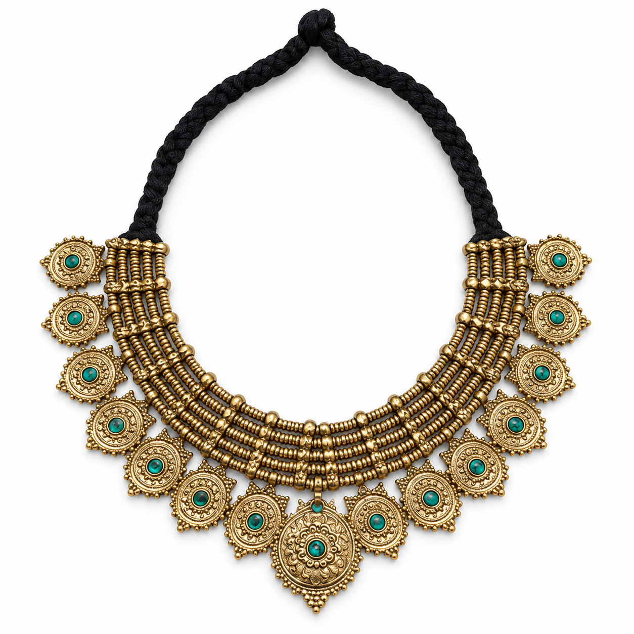 Antique gold-tone statement necklace with circular sunburst medallions and green stone accents on a black cord - only 1 available