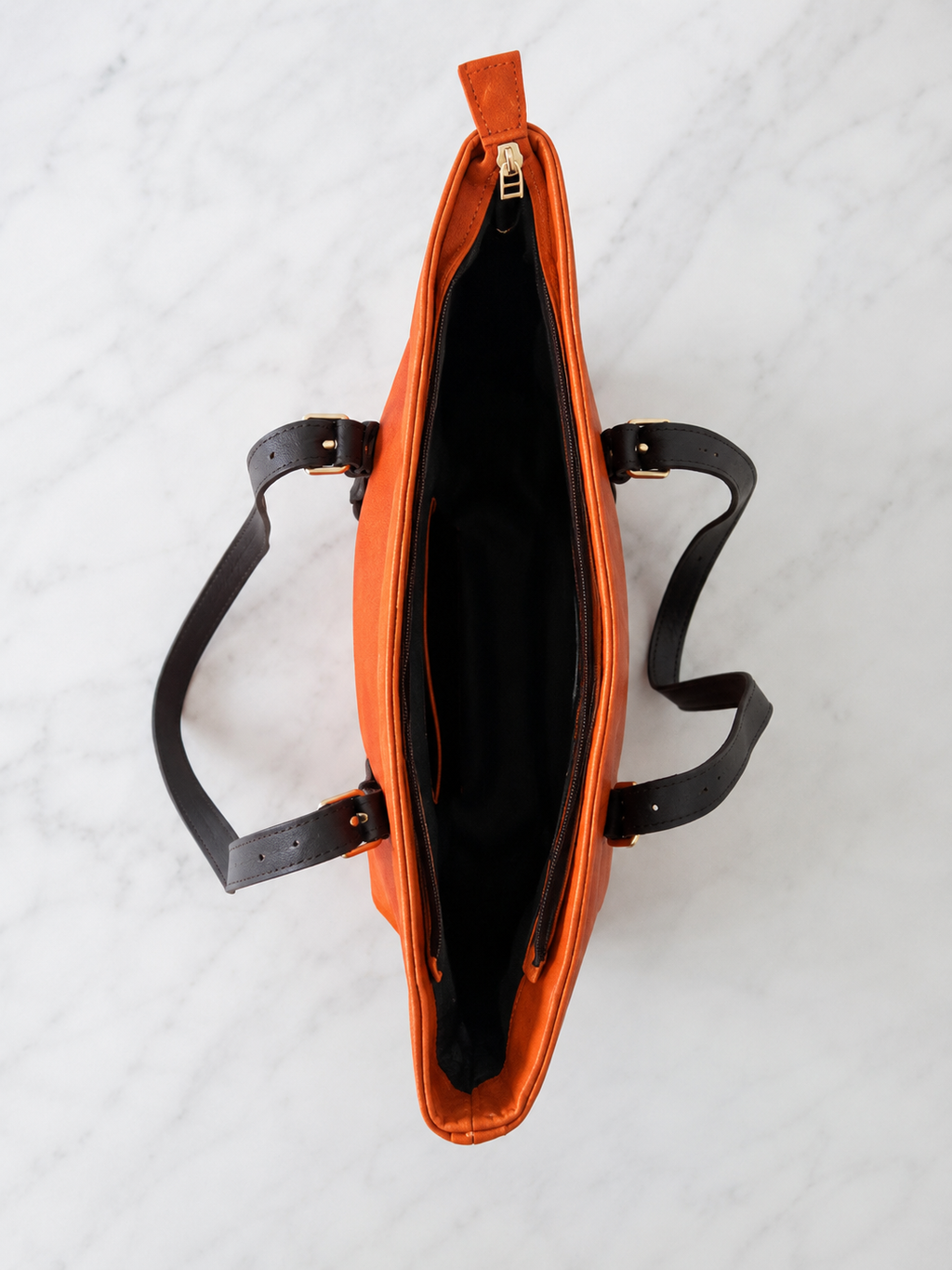 Genuine Leather Tote Bag | Rust Orange Handbag with Dark Brown Trim