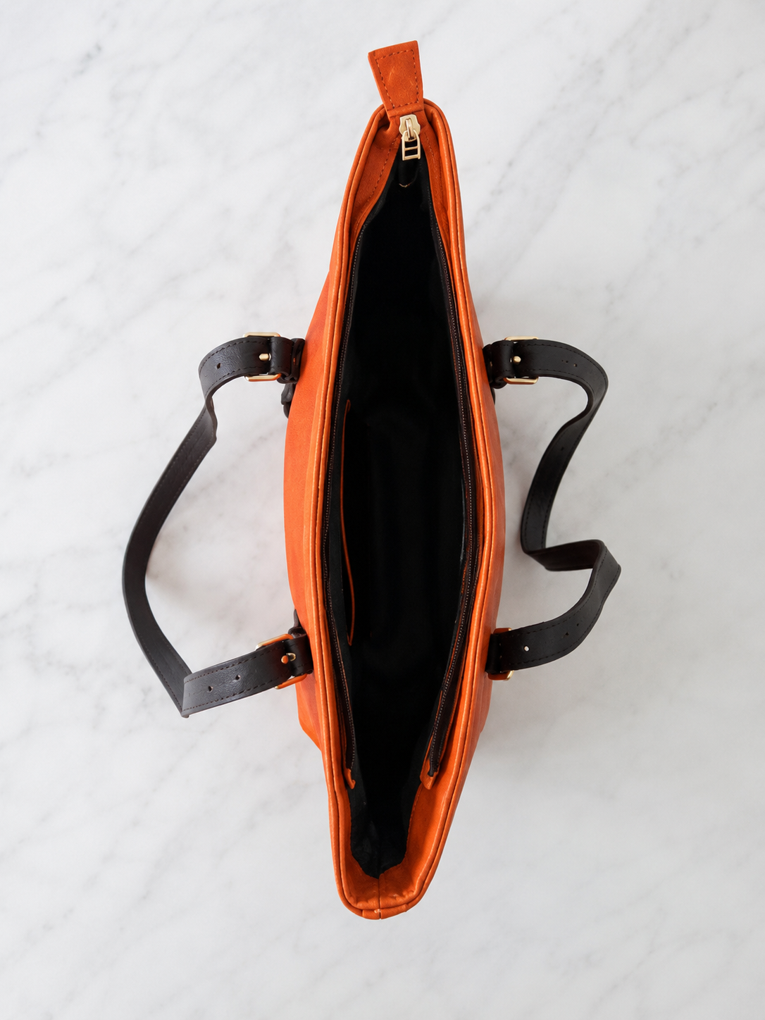 Genuine Leather Tote Bag | Rust Orange Handbag with Dark Brown Trim