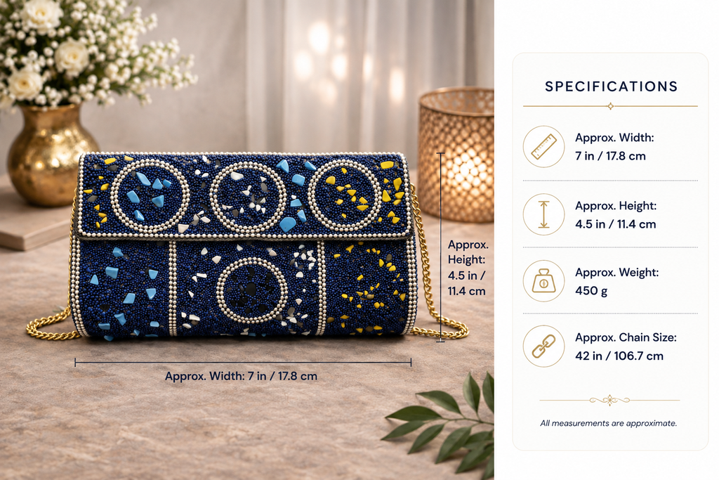 Hand-Embellished Blue Mosaic Clutch with Gold Chain
