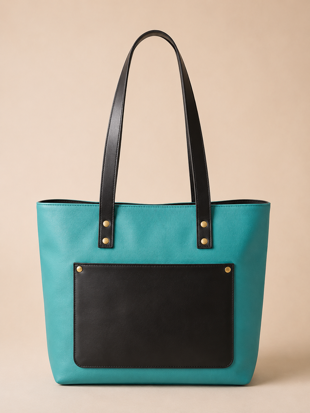 Genuine Leather Tote Bag for Women | Teal & Black Handbag with Front Pocket