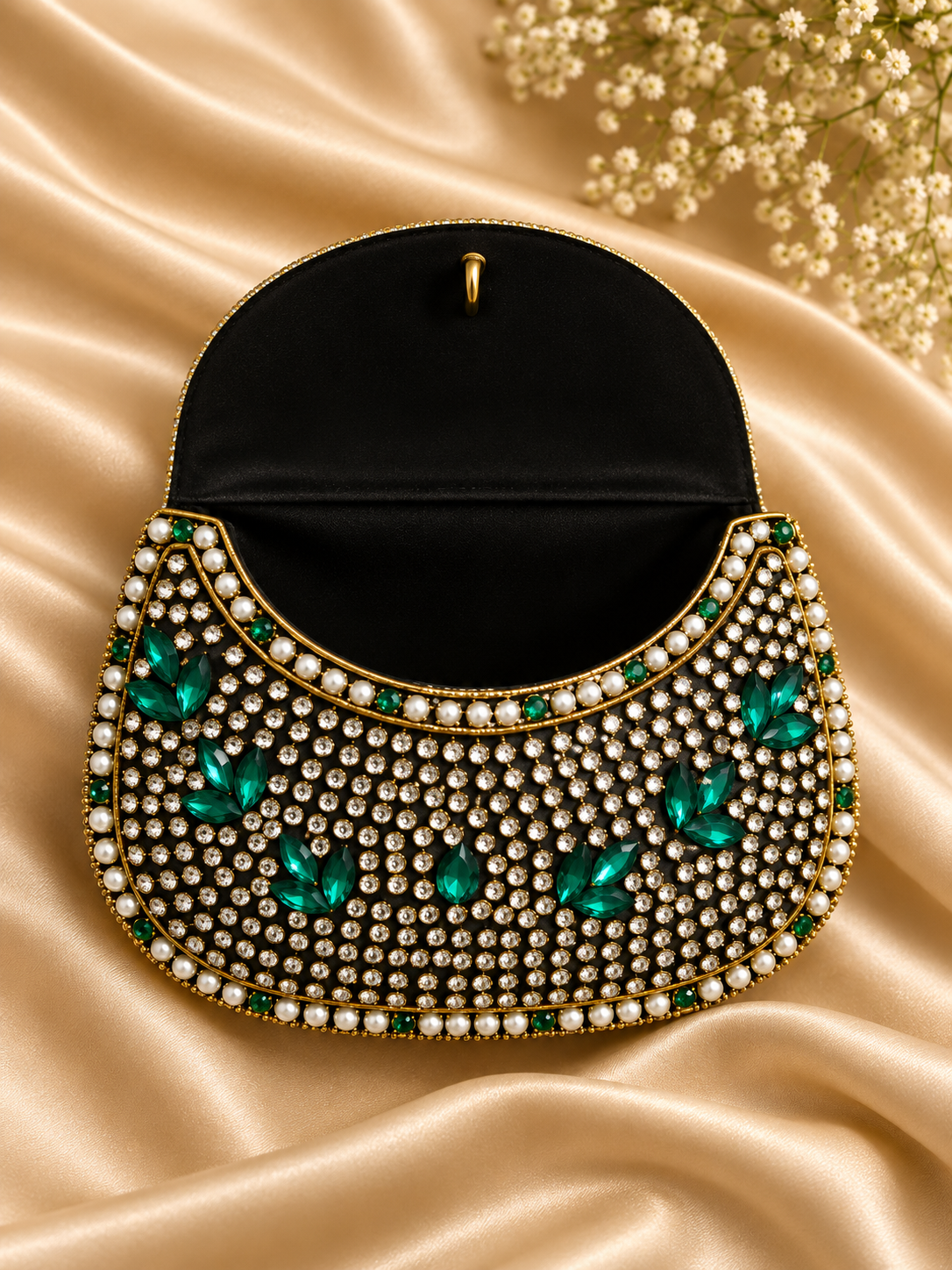 Emerald Green Crystal & Pearl Indian Evening Clutch Bag