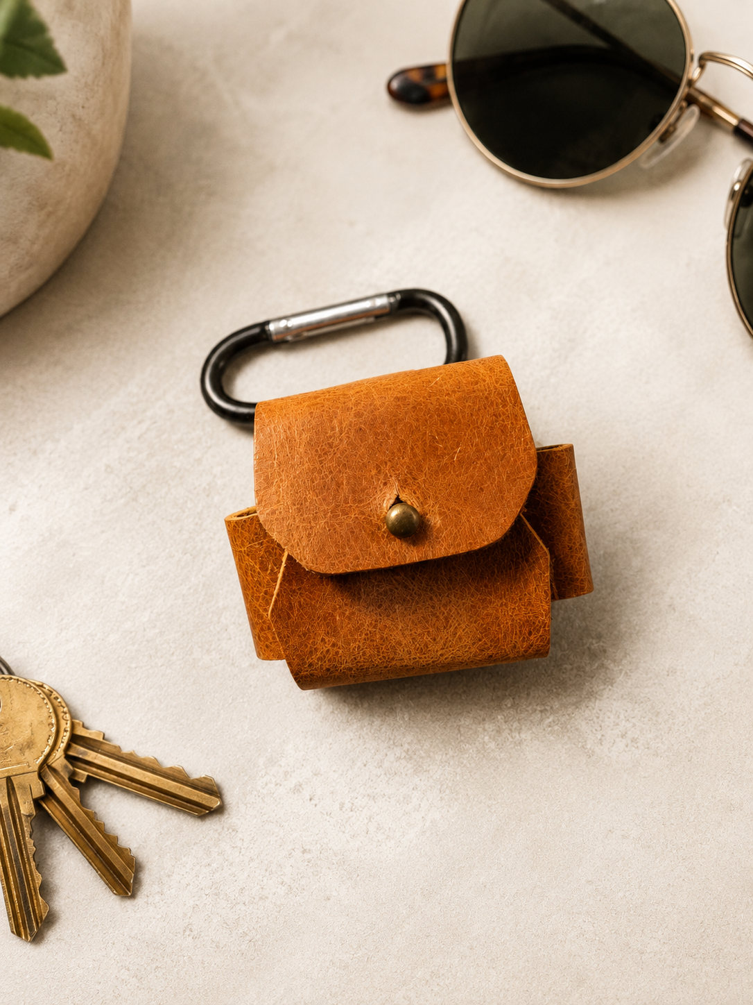 Genuine Leather AirPods Case with Carabiner Clip – Handmade Brown Protective Cover