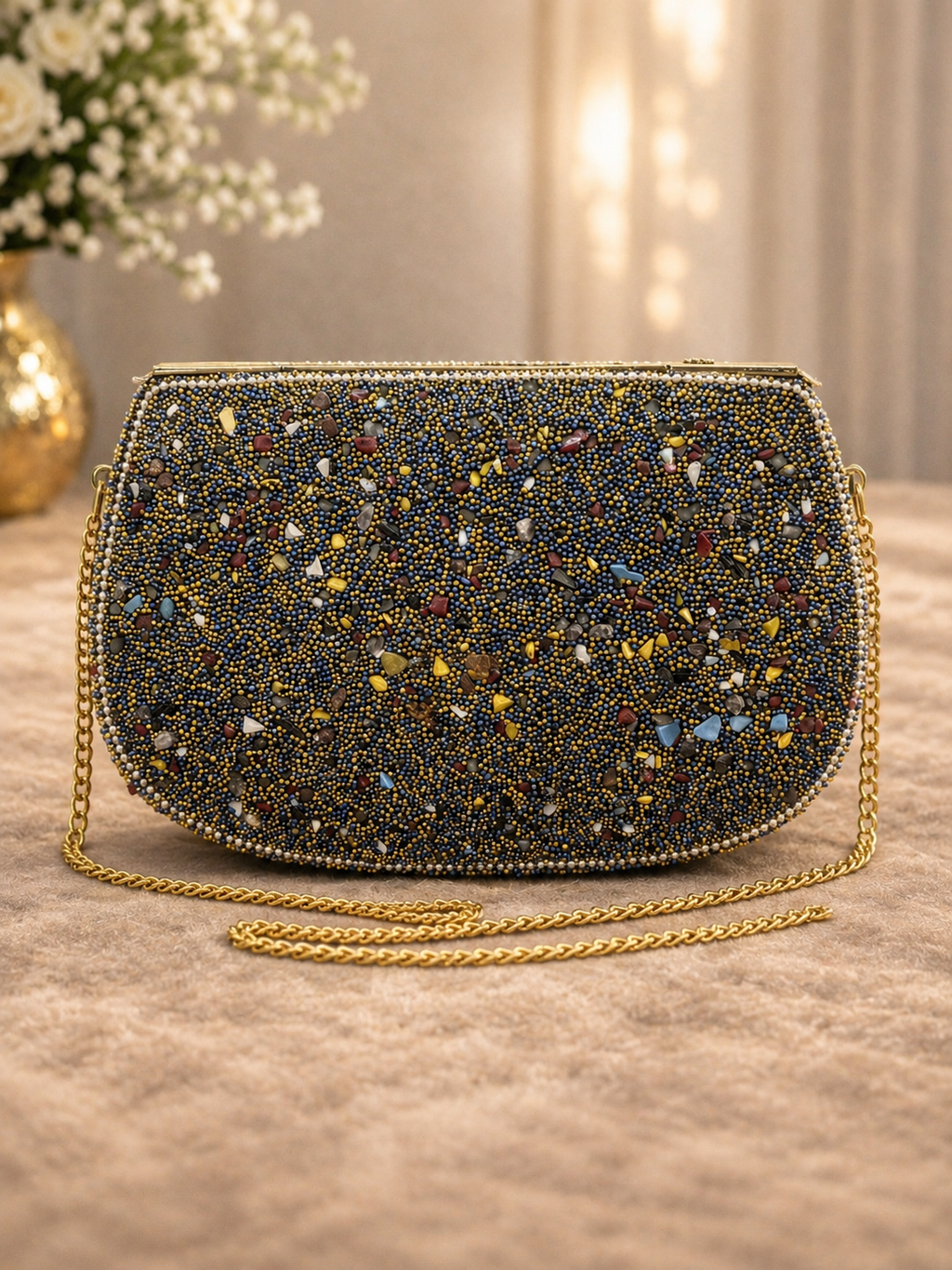 Handcrafted Beaded Evening Clutch | Navy & Gold Stone Embellished Bag with Chain Strap
