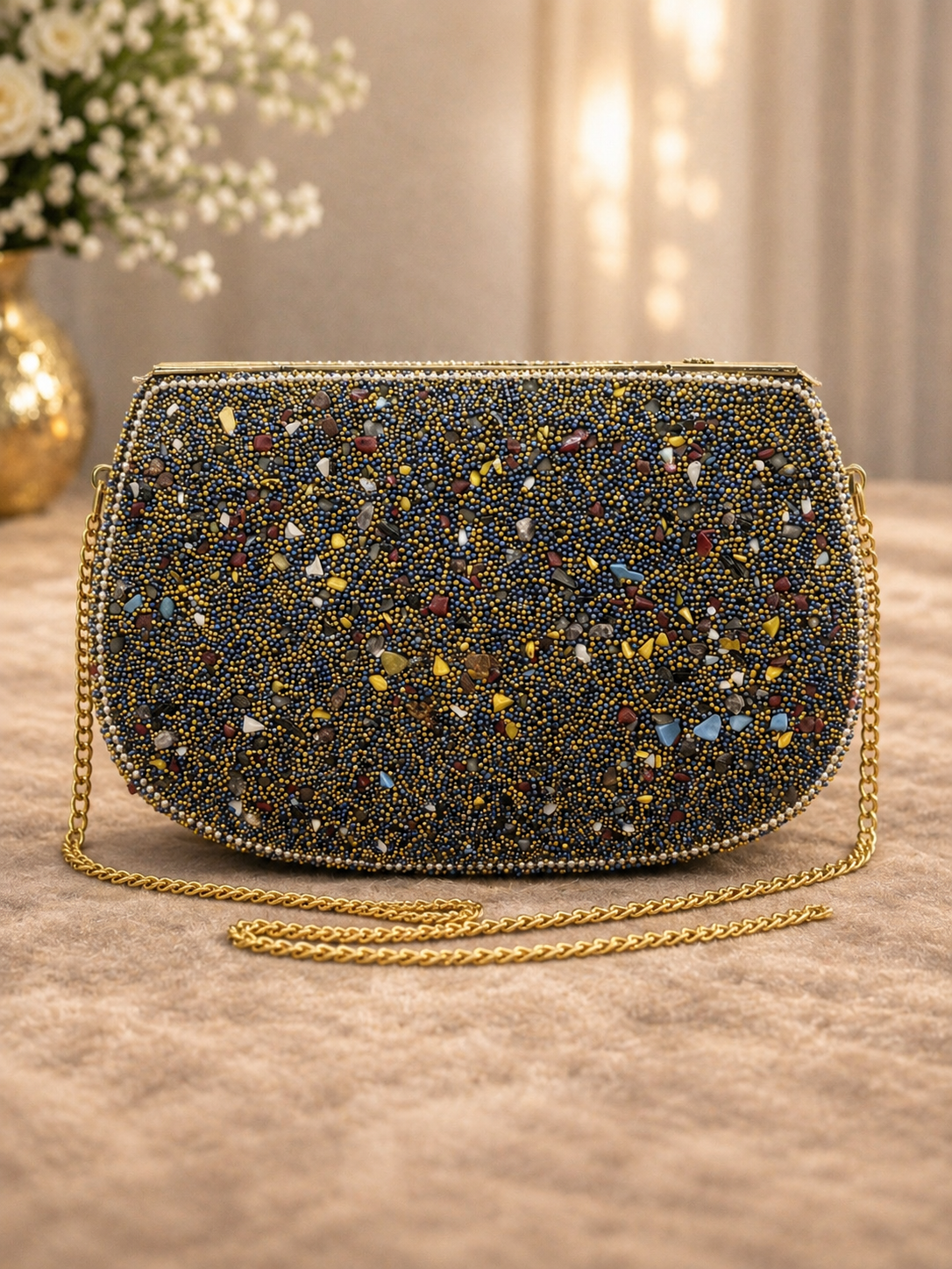 Handcrafted Beaded Evening Clutch | Navy & Gold Stone Embellished Bag with Chain Strap