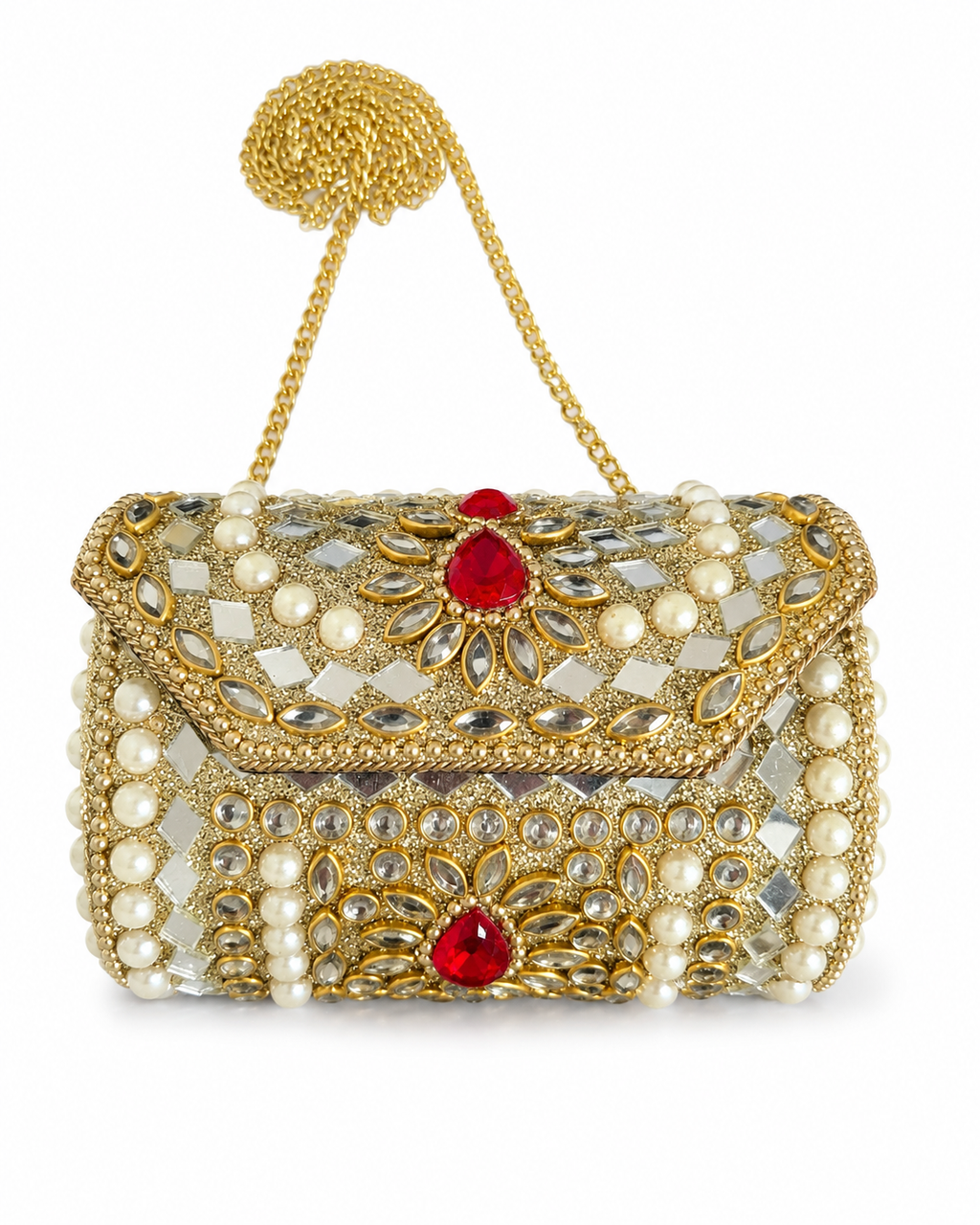 Gold Embellished Clutch Bag  Pearl & Mirror Style Evening Purse