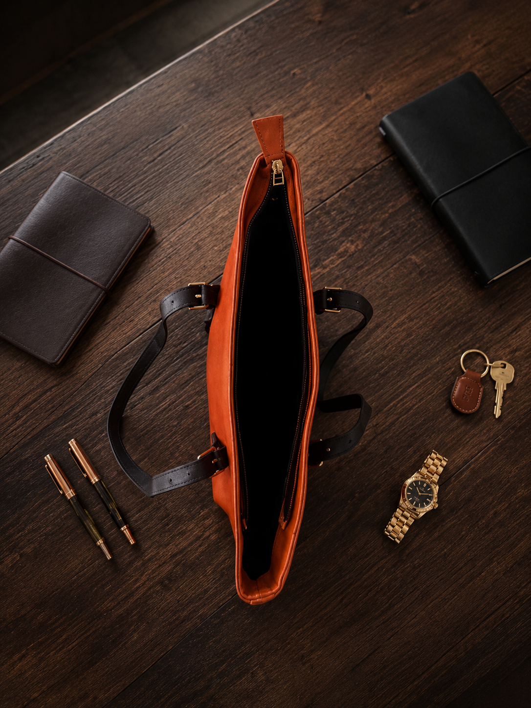 Genuine Leather Tote Bag | Rust Orange Handbag with Dark Brown Trim