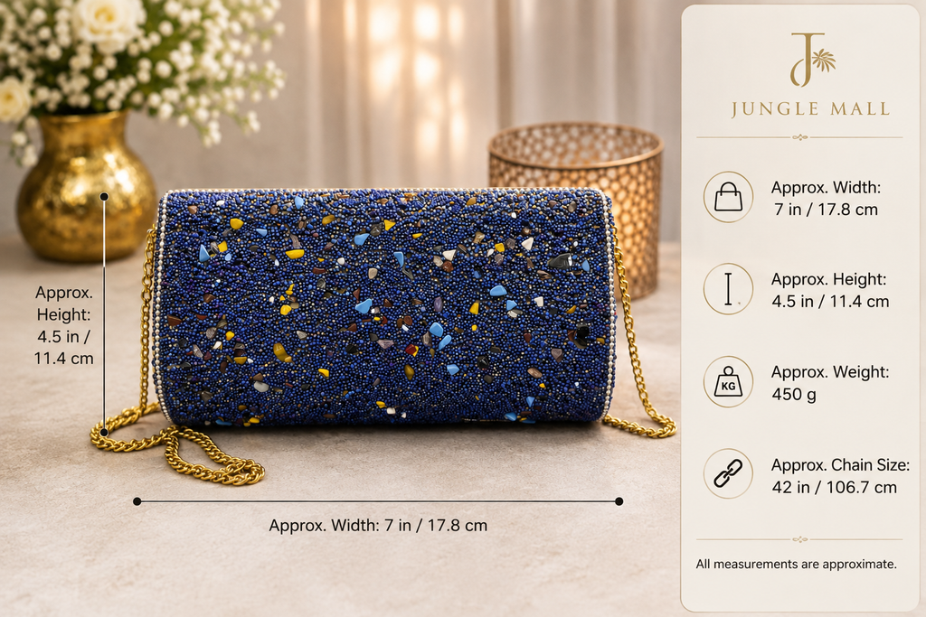 Hand-Embellished Blue Mosaic Clutch with Gold Chain