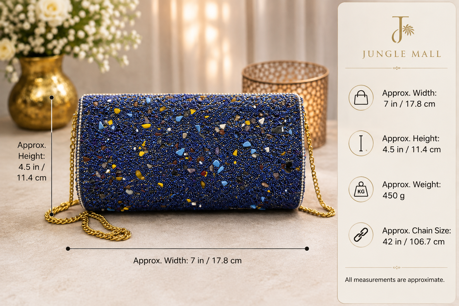 Hand-Embellished Blue Mosaic Clutch with Gold Chain