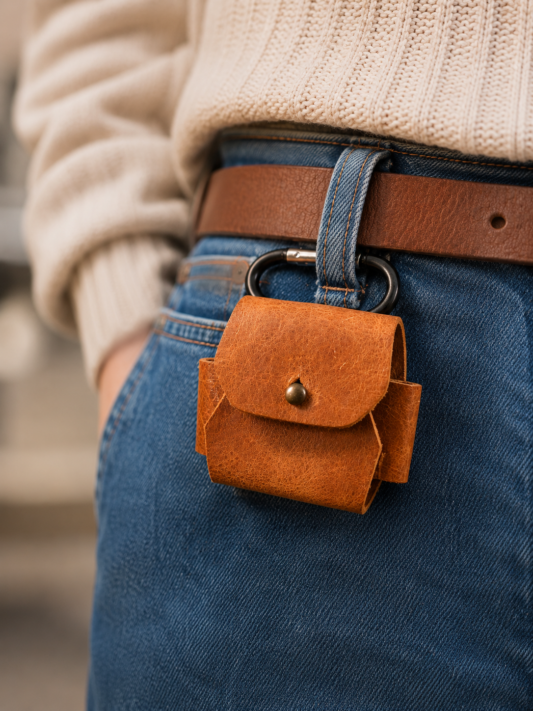 Genuine Leather AirPods Case with Carabiner Clip – Handmade Brown Protective Cover