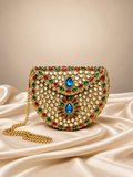 Hand-Embellished Gold-Tone Mini Clutch with Sapphire Blue Stones